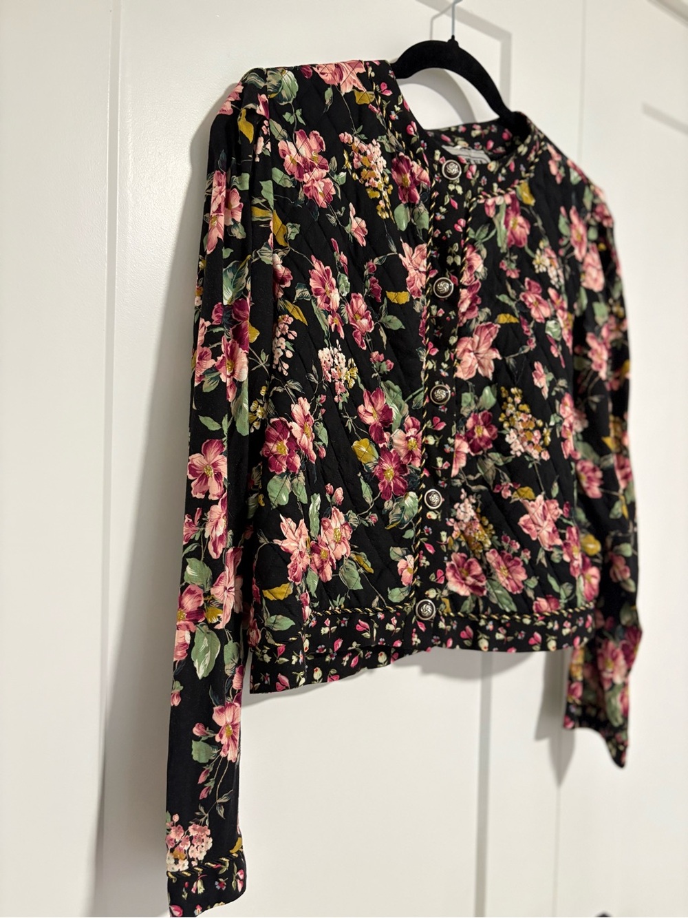 Vintage Floral Quilted Bomber Jacket Black Pink Floral Size Medium - Picture 3 of 12